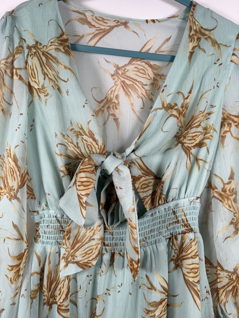 Floral Fairy Sheer Tie-Front Coquette Long Sleeve Milkmaid Mini Dress in Sage - Picture 3 of 7